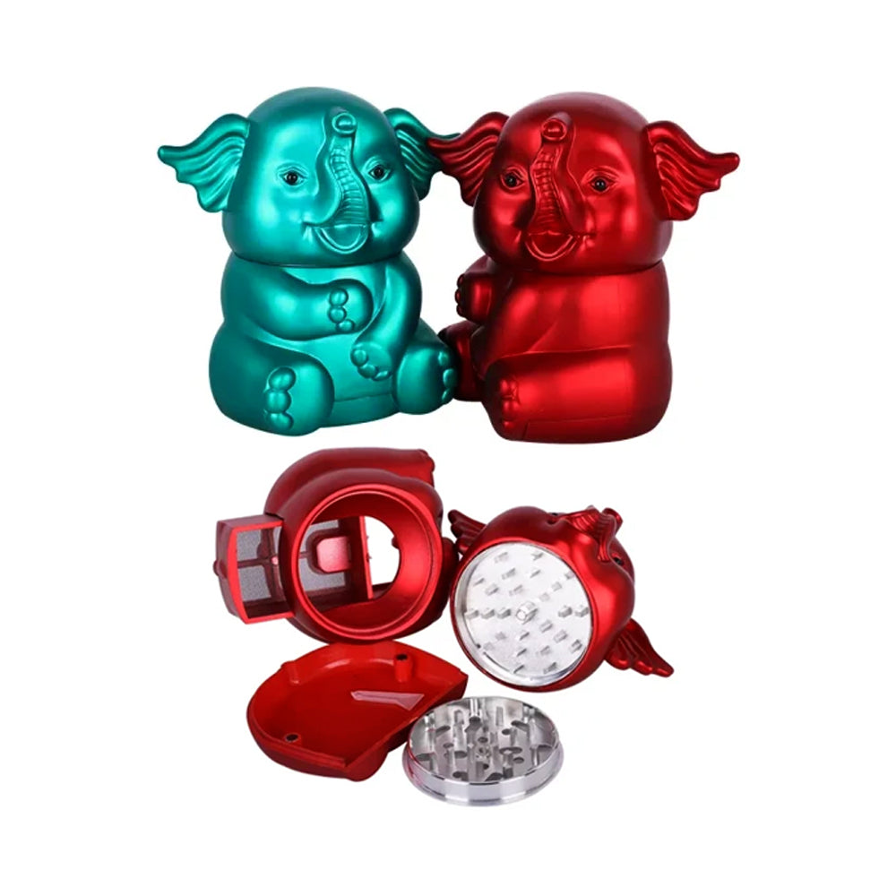 57mm 4-Part Colored Elephant Metal Tobacco Grinder with Press Button Drawer