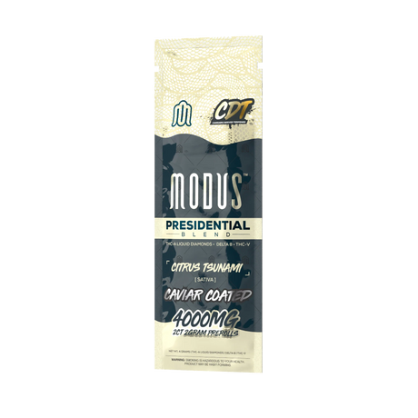 Two premium 2-gram Modus Presidential prerolls featuring a blend of Pegasus Delta 8, THC-A Liquid Diamonds, and THC-V, made with US-grown hemp and third-party lab tested for quality and purity.