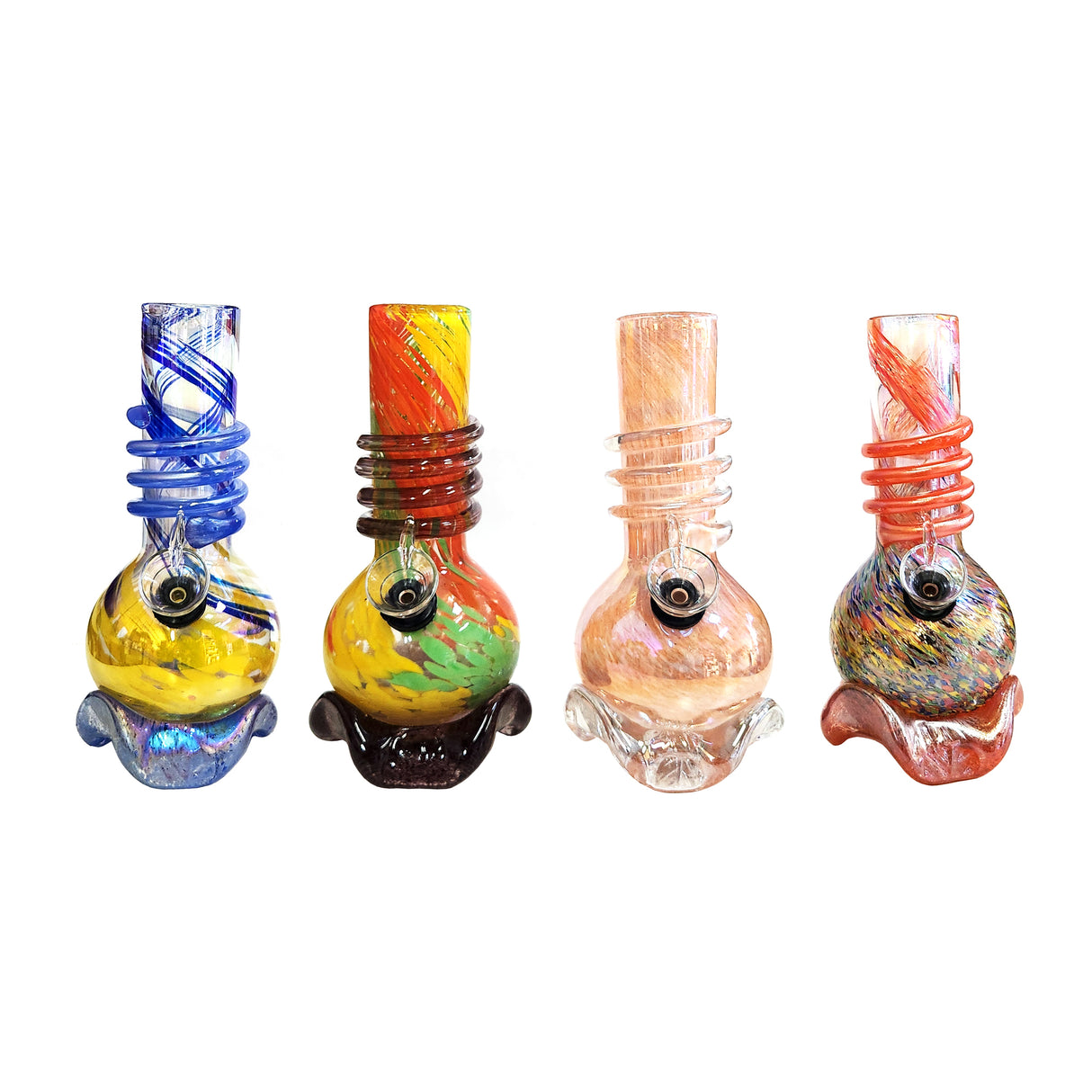 7" Colored Spherical Swirl Soft Glass Water Pipe with Glass on Glass Bowl and Foot