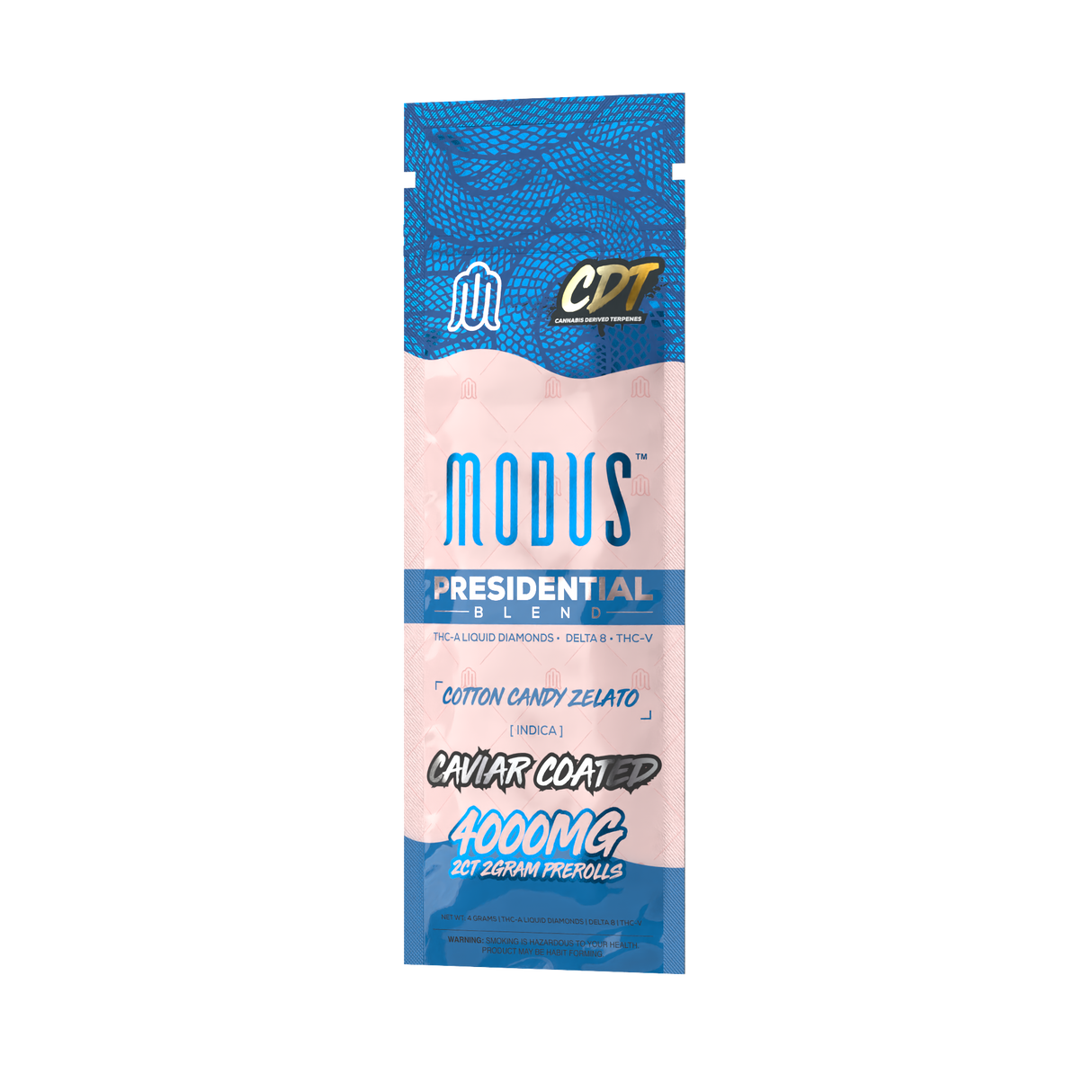 Two premium 2-gram Modus Presidential prerolls featuring a blend of Pegasus Delta 8, THC-A Liquid Diamonds, and THC-V, made with US-grown hemp and third-party lab tested for quality and purity.