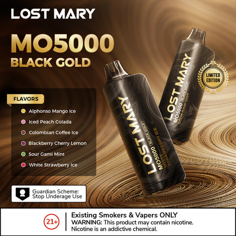 Lost Mary MO5000 Black Gold Limited Edition Rechargeable Disposable Device – 5000 Puffs Lost Mary Lost Mary MO5000 Black Gold Limited Edition Rechargeable Disposable Device – 5000 Puffs