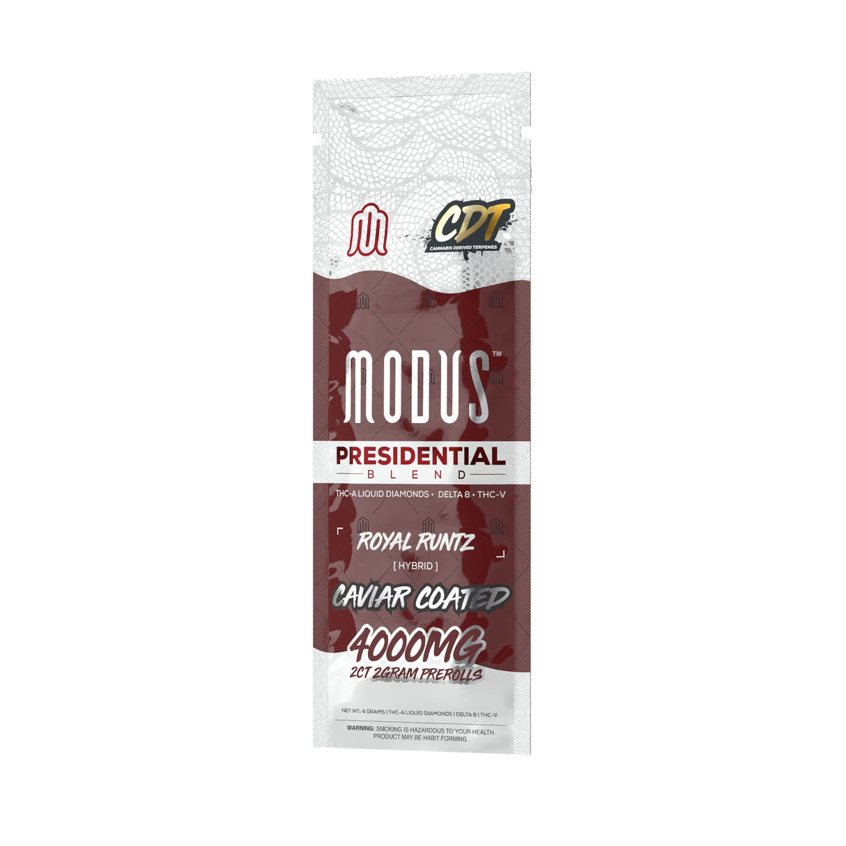 Two premium 2-gram Modus Presidential prerolls featuring a blend of Pegasus Delta 8, THC-A Liquid Diamonds, and THC-V, made with US-grown hemp and third-party lab tested for quality and purity.