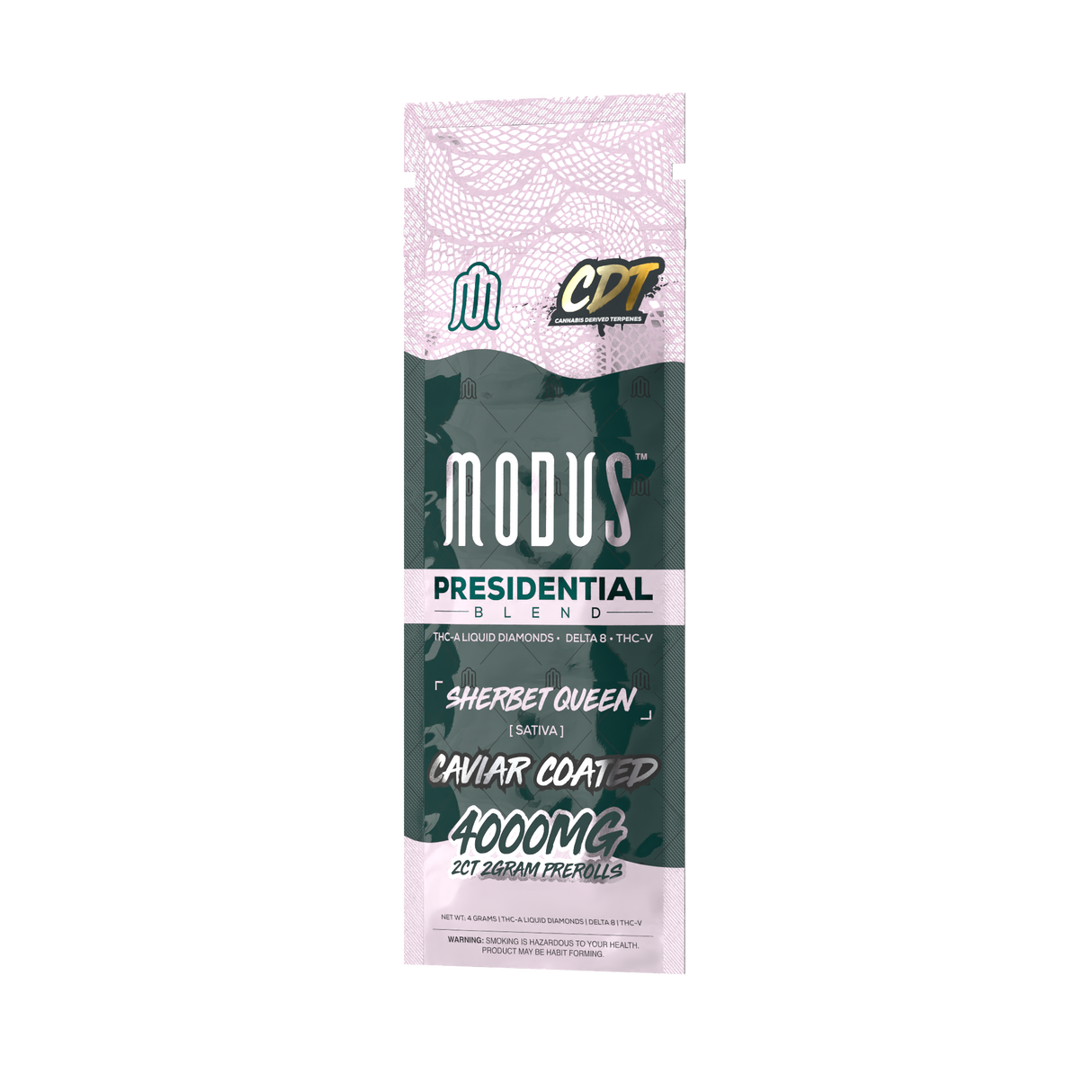 Two premium 2-gram Modus Presidential prerolls featuring a blend of Pegasus Delta 8, THC-A Liquid Diamonds, and THC-V, made with US-grown hemp and third-party lab tested for quality and purity.