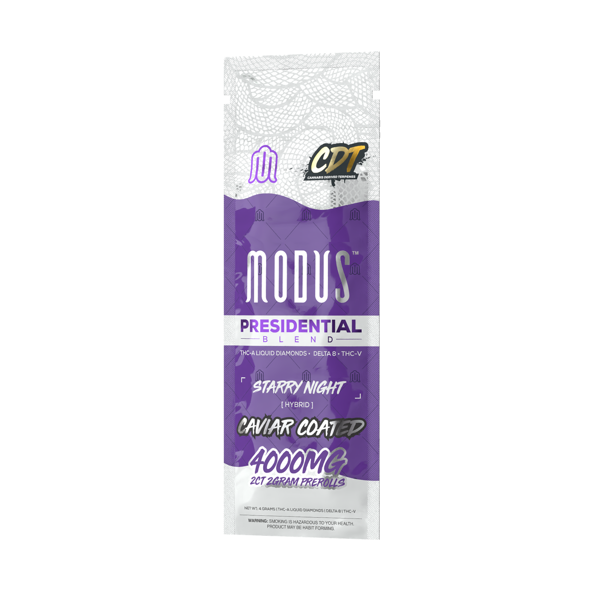 Two premium 2-gram Modus Presidential prerolls featuring a blend of Pegasus Delta 8, THC-A Liquid Diamonds, and THC-V, made with US-grown hemp and third-party lab tested for quality and purity.