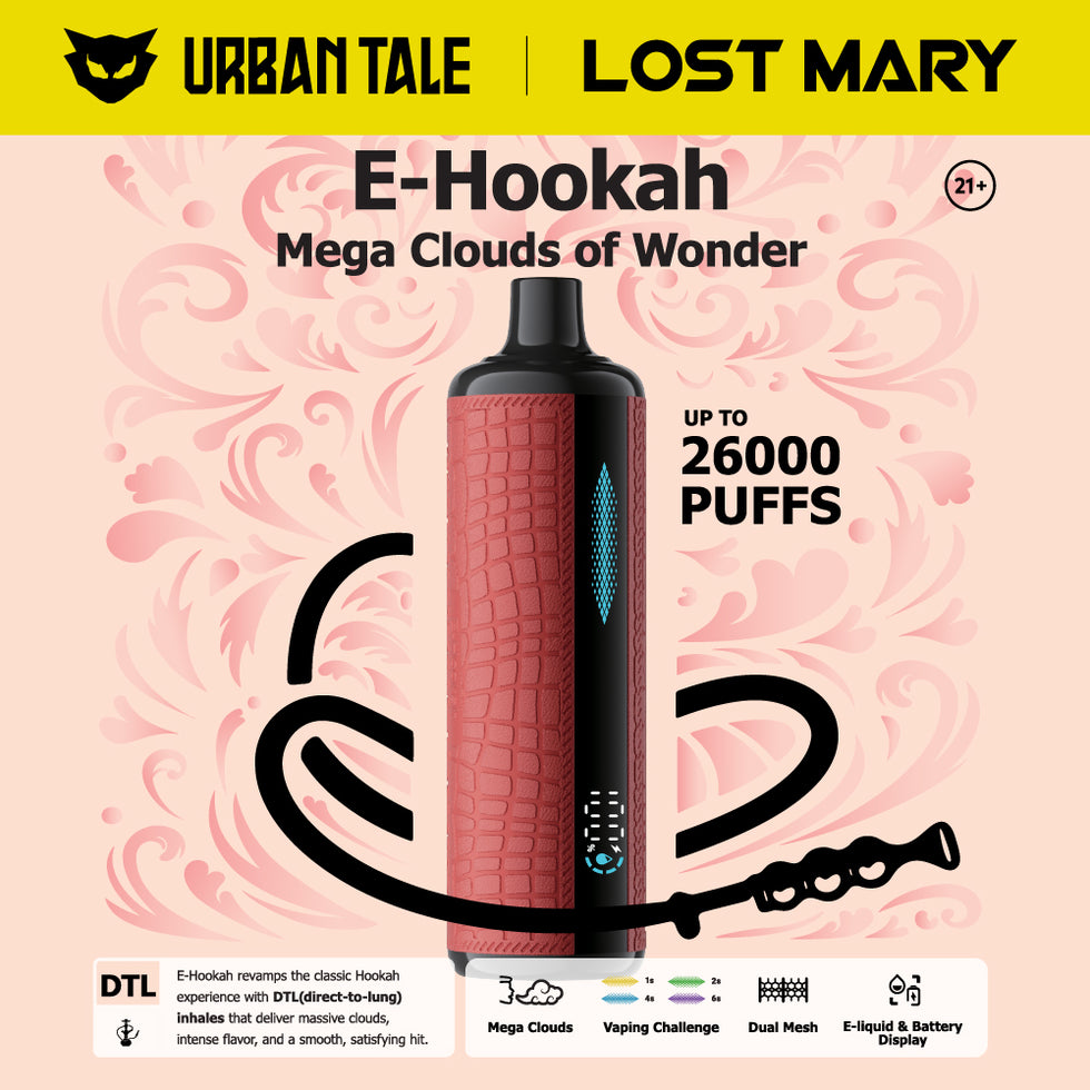 Urban Tale x Lost Mary E-Hookah disposable device with a sleek PU leather finish, showcasing dual mesh coil technology, 800mAh rechargeable battery, and clear e-liquid display. Designed for up to 26,000 puffs, perfect for bulk and wholesale orders